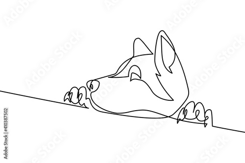 Curious dog in continuous line art drawing style. Portrait of cute dog standing up its hind legs and looking out black linear sketch isolated on white background. Vector illustration