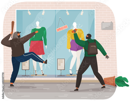 Vandals destroy the window of a clothing store. Masked and hooded bandits destroy city property. Street gangsters and vandalism concept. Cartoon flat vector illustration with man smashes showcase