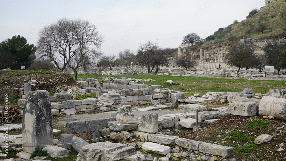 Selcuk, Ephesus, Turkey - January 2021: View of the ruins of the ancient Greek city of Ephesus near Selcuk. Ruins of the ancient city.