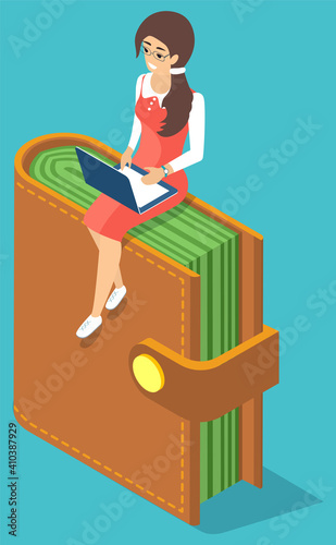Young woman sitting on the wallet with currency. Savings, storage, Carry investments. Female worker with laptop sitting on top of brown wallet, girl working on computer, business-woman earning money