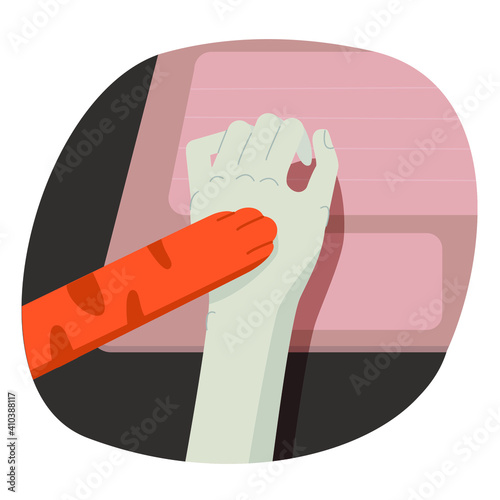 Cat put its paw on the owners hand while he post something on his laptop. Vector flat illustration.