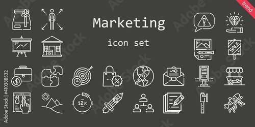 marketing icon set. line icon style. marketing related icons such as rising, mail, hierarchical structure, idea, billboard, network, target, presentation, online shop, planning, sale, food stand