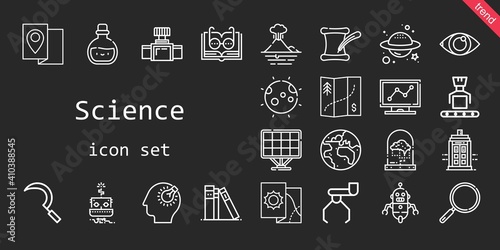science icon set. line icon style. science related icons such as police box, loupe, potion, sickle, planet, bulb, brain, robot, analytics, eye, literature, moon, planet earth, library, open book