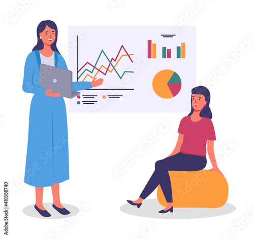 Office meeting businesswomen discussing indicators. Woman makes a presentation to colleague. Business people talking communication, discuss presentation graphs and charts. Business meeting concept