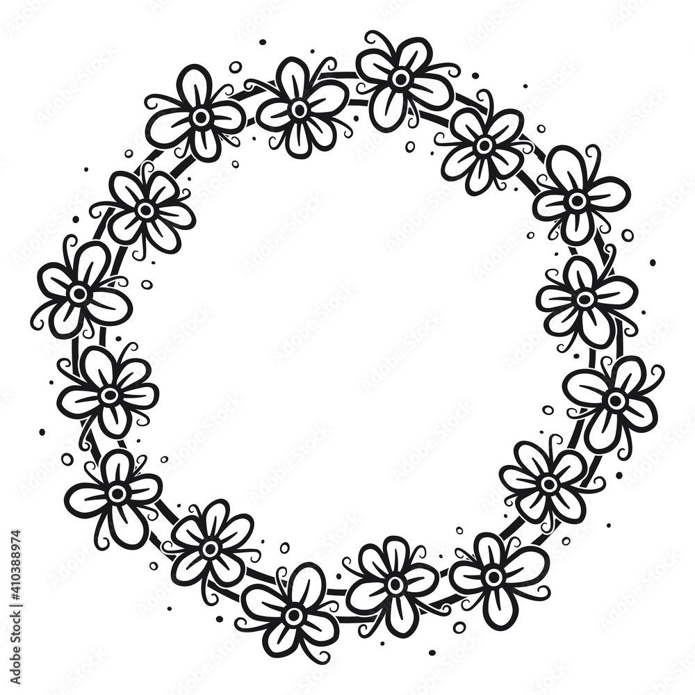 Circular border with flowers, 3. Vector illustration of a floral wreath in black line on white background.