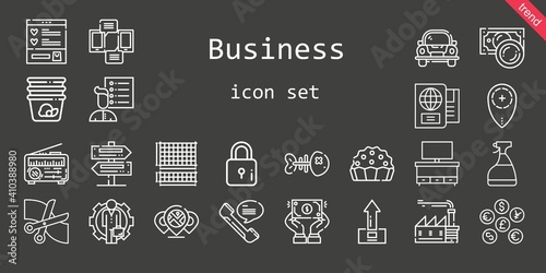 business icon set. line icon style. business related icons such as container, news, factory, smartphone, coins, upload, wishlist, employee, pie, cupboard, dollar, scissors, user list, signs