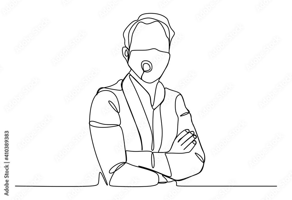 A business man wearing protective face mask to prevent virus infection. Continuous one line drawing A business man wearing protective face mask to prevent virus infection. Continuous one line drawing