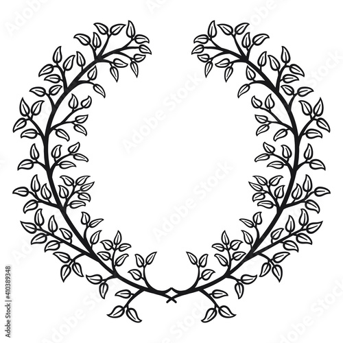 Circular border with leaves  6. Vector illustration of a wreath of leaves in black line on white background.