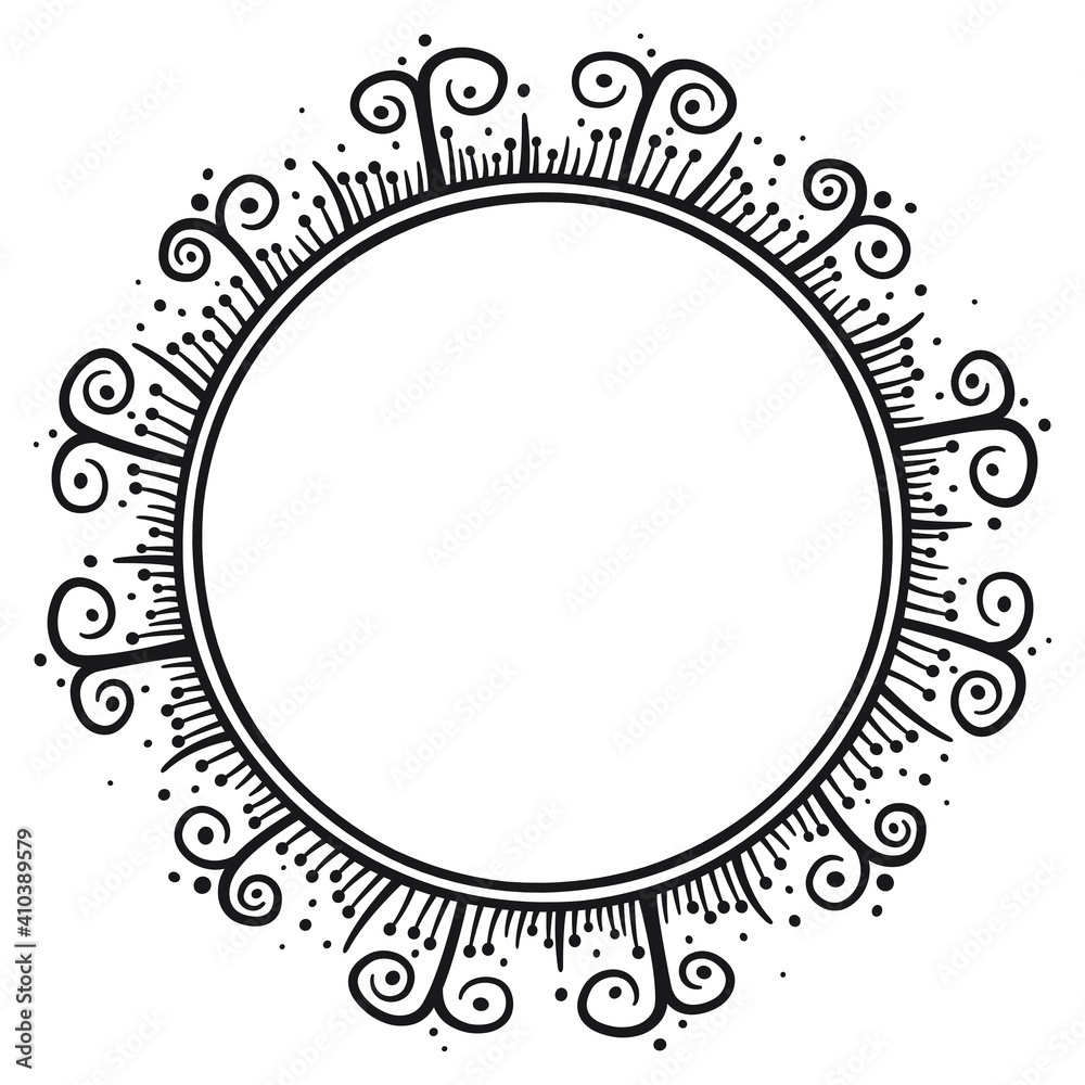 Floral border of circular shape, 5. Vector illustration in black line on white background of a wreath in floral style.