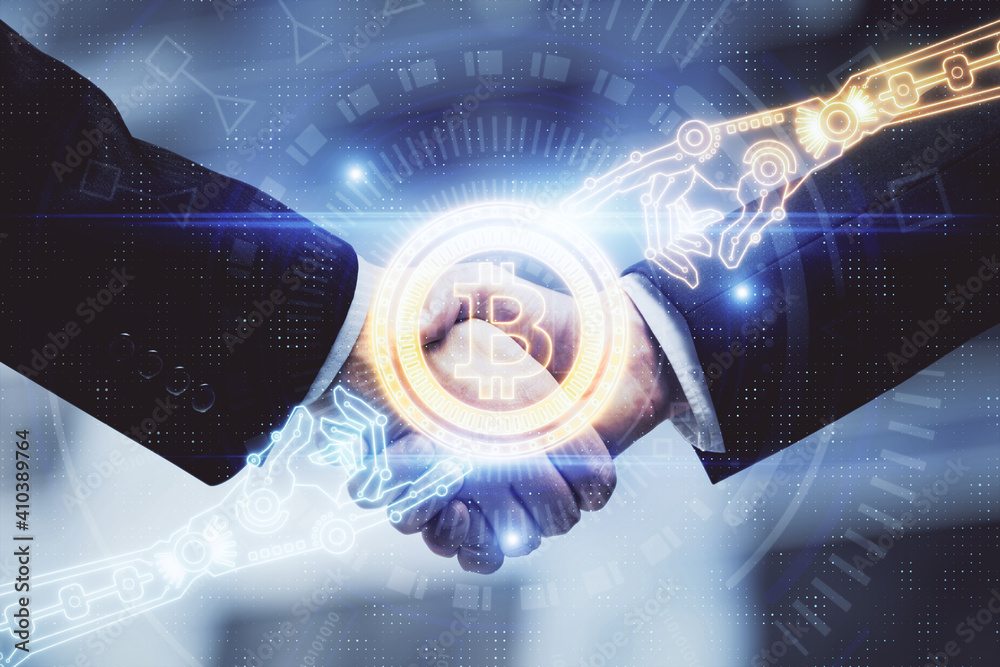 Double exposure of blockchain hologram and handshake of two men. Crypto business concept. Double exposure of blockchain hologram and handshake of two men. Crypto business concept.