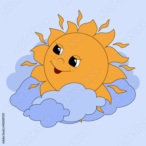 The lovely yellow sun happily smiles in the sky in the clouds. Cartoon joyful character with freckles. Illustration of a heavenly body. Image for children's design, pajamas, sleepwear..