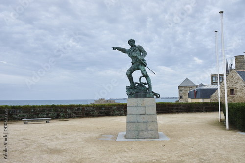 Monument to Robert Surcouf on a rampart of Saint Malo, Brittany, France