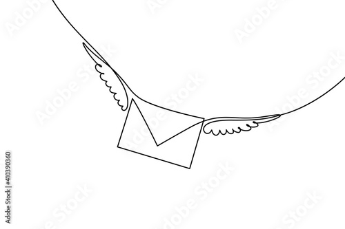 Flying envelope in continuous line art drawing style. Letter with wings minimalist black linear design isolated on white background. Vector illustration