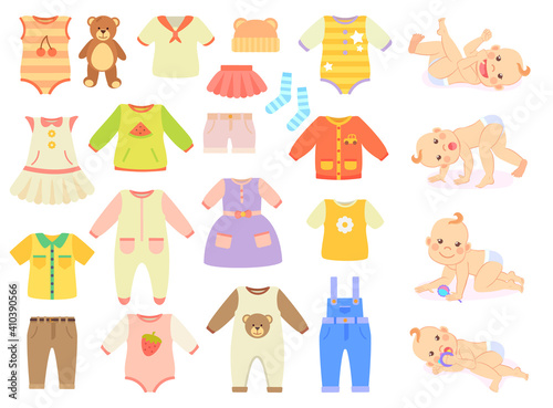 Fototapeta Naklejka Na Ścianę i Meble -  Vector collection of baby and children clothes for boys and girls isolated on white background. Cute baby crawls and plays. Kids dress in pastel colours element for baby design flat illustration
