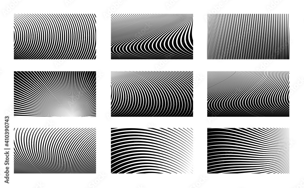 Set of optical illusion stripped backgrounds. Abstract modern halftone monochrome backdrop. Op art vector design.