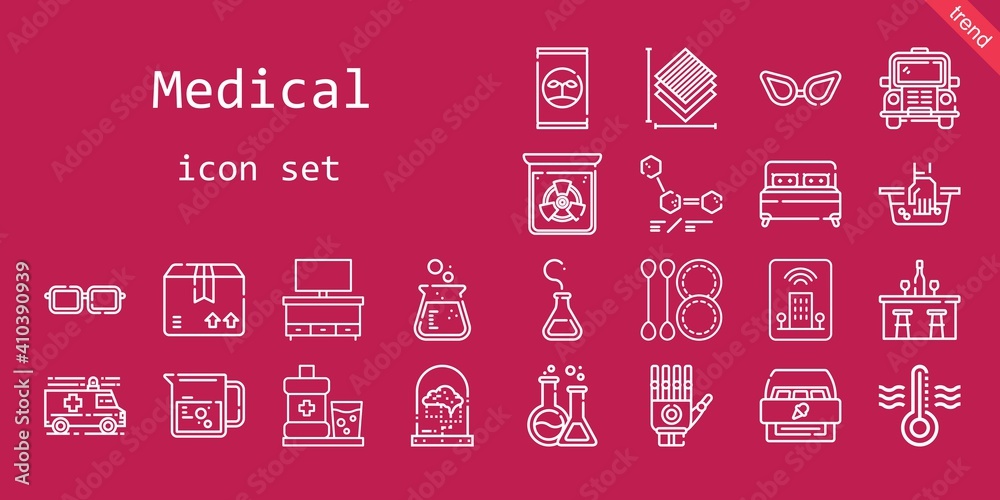 medical icon set. line icon style. medical related icons such as bed, bus, package, mouthwash, molecules, ambulance, brain, beaker, cupboard, fertilizer, cotton swab, glasses, bar, radiation medical icon set. line icon style. medical related icons such as bed, bus, package, mouthwash, molecules, ambulance, brain, beaker, cupboard, fertilizer, cotton swab, glasses, bar, radiation