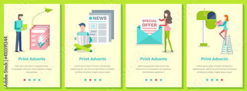 Set of illustrations on the topic of print adverts. People send and receive letters. Website landing page template. Distribution of advertisements in ads concept. Special offers and news on paper
