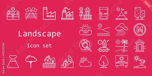 landscape icon set. line icon style. landscape related icons such as factory  storm  explore  surfboard  tree  cabin  arcade  landslide  geyser  flood  cloudy  mountain  drought  metro  beach