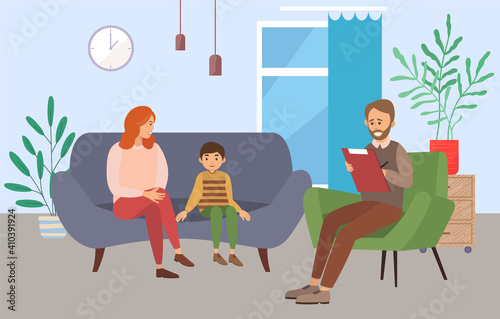 Conversation between mother, child and male psychologist, psychotherapist makes notes in a notebook. Family psychotherapy, psychotherapeutic aid for children with mental problems, consultation