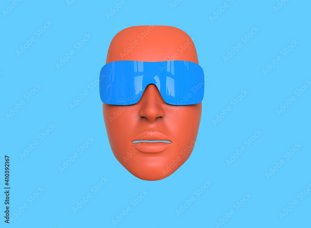 Minimalistic 3D illustration. Woman's face with sunglasses on a blue background. Abstraction about summer and sunlight. Minimalistic 3D illustration. Woman's face with sunglasses on a blue background. Abstraction about summer and sunlight.