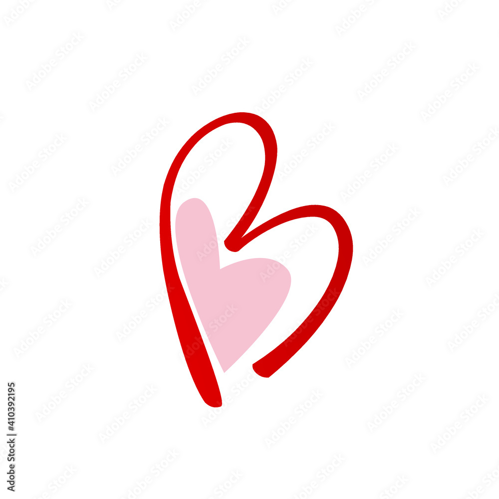 Letter B logo.Wedding decorative creative calligraphic icon isolated on light fund.Ornate symbol for gift boutique brand.Alphabet initial.Heart outline playful element.Red color. Letter B logo.Wedding decorative creative calligraphic icon isolated on light fund.Ornate symbol for gift boutique brand.Alphabet initial.Heart outline playful element.Red color.