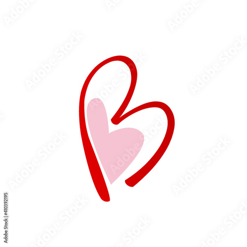 Letter B logo.Wedding decorative creative calligraphic icon isolated on light fund.Ornate symbol for gift boutique brand.Alphabet initial.Heart outline playful element.Red color.