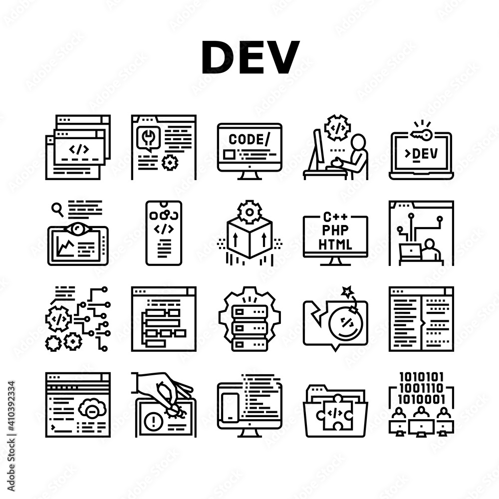 Dev Code Occupation Collection Icons Set Vector. Dev Application And Software, Hacking And Coding, Development App And Debug Fixing Black Contour Illustrations