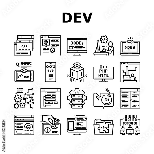 Dev Code Occupation Collection Icons Set Vector. Dev Application And Software, Hacking And Coding, Development App And Debug Fixing Black Contour Illustrations