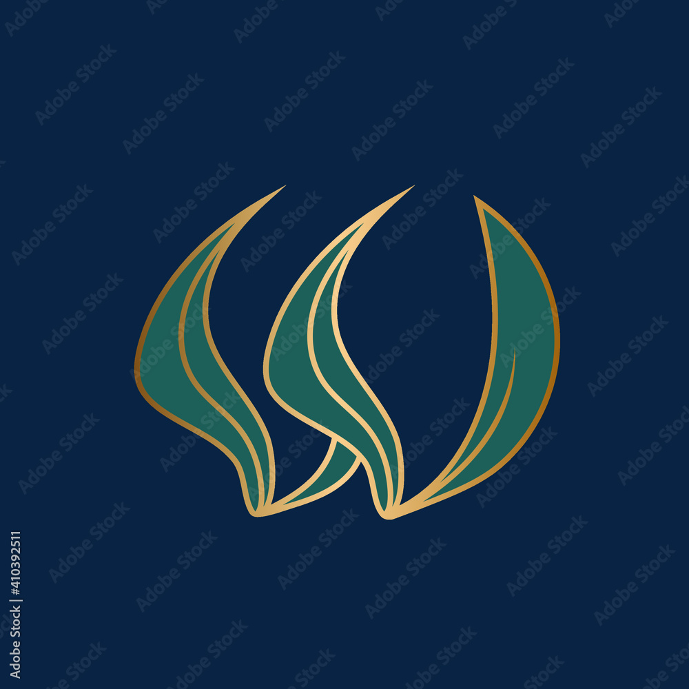 Letter W logo.Decorative creative typographic icon isolated on dark fund.Symbol icon for beauty, spa, cosmetics, elegant, fresh luxury brand.Green and gold color alphabet initial.Nature leaf element.