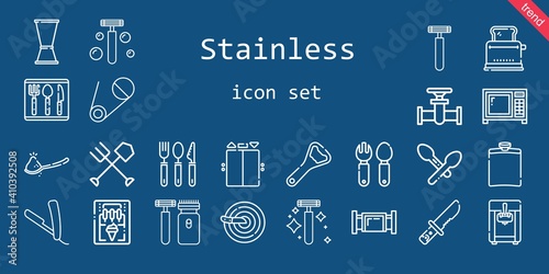 stainless icon set. line icon style. stainless related icons such as safety pin, cutlery, bottle opener, hip flask, knife, fork, shaver, elevator, jigger, spoon, ice cream machine, razor