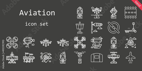 aviation icon set. line icon style. aviation related icons such as plane, hangar, airship, pilot, propeller, runway, windsock, zeppelin, control tower, drone, stewardess, airplane, duty