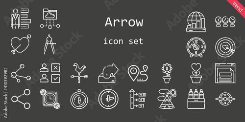 arrow icon set. line icon style. arrow related icons such as profits, clock, outbox, dart board, cupid, compass, browser, bar chart, location, growth, share, time, choice, markers, indian tent