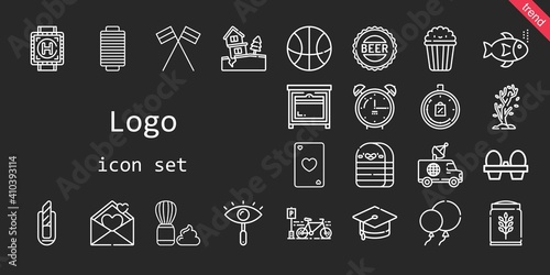 logo icon set. line icon style. logo related icons such as alarm clock, eraser, shaving brush, van, limited time, bicycle, oven, popcorn, balloons, mortarboard, tree, flags, organic eggs, cutter