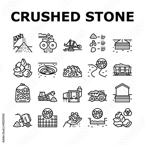 Crushed Stone Mining Collection Icons Set Vector. Heavy Machinery And Excavator, Dump Truck And Railway Carriage, Stone Mine Equipment Black Contour Illustrations photo