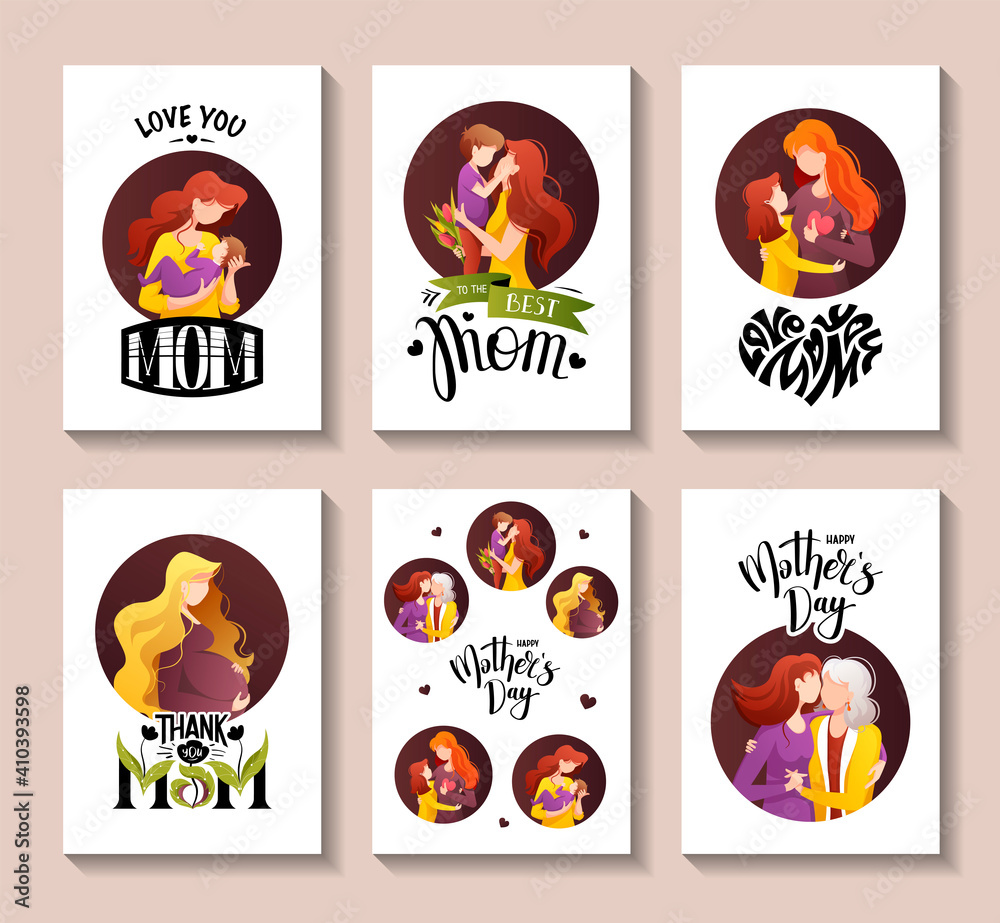 Happy Mother's Day card set. Moms with their child, pregnant woman. Calligraphy and hand drawn lettering. A4 vector illustration for card, postcard, poster, banner.
