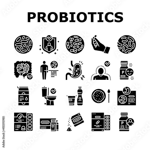 Probiotics Bacterium Collection Icons Set Vector. Dry And Liquid Probiotics, Sorption And Capsule, Lactobacillus, Bifidobacterium And Lactococcus Glyph Pictograms Black Illustrations