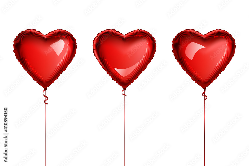 Red heart shaped balloons set, isolated on white.