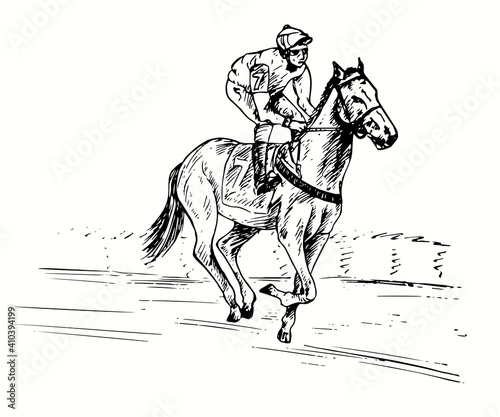 Hand drawn professional athlete jockey on horseback participating in racing on the racetrack. Ink black and white drawing.