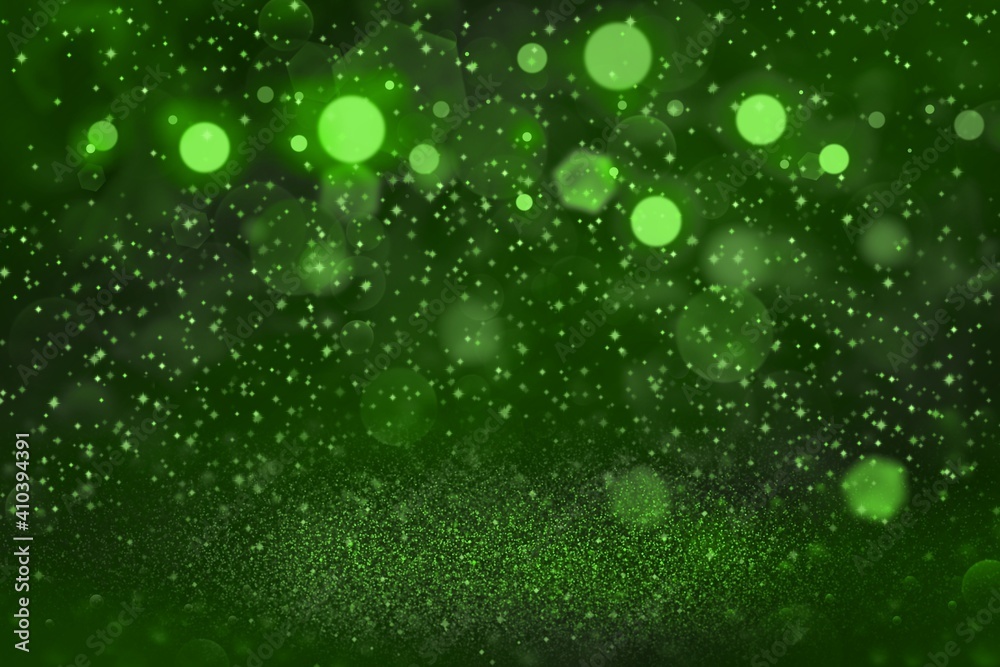 green cute brilliant glitter lights defocused bokeh abstract background with sparks fly, celebratory mockup texture with blank space for your content