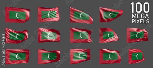 14 different realistic renders of Maldives flag isolated on grey background - 3D illustration of object