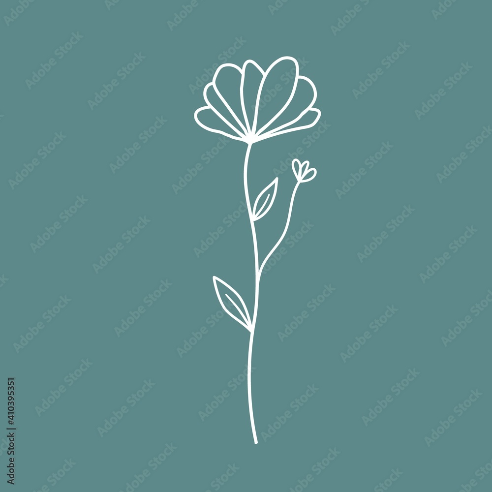 Hand drawn vector illustration of wildflower with white outline on turquoise background. Logo design element for summer spring Easter concept