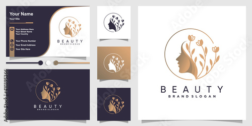 Beauty logo for woman with unique concept and business card design template Premium Vector