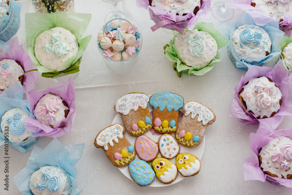 Beautiful Easter cakes on a decorated light table. A light holiday of Easter. Beautiful Easter cakes on a decorated light table. A light holiday of Easter.