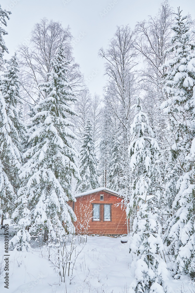 frame house in the forest in winter frame house in the forest in winter