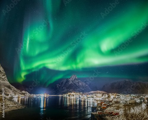 Aurora Borealis over Reine in Lofoten, Norway