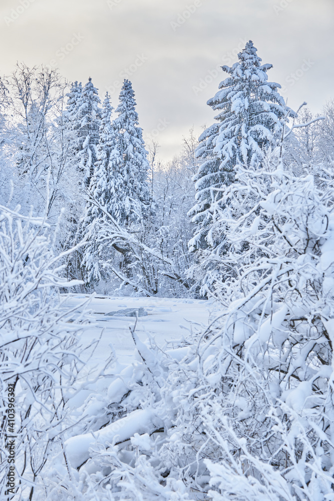 Naklejka premium frozen river. snowy beautiful winter