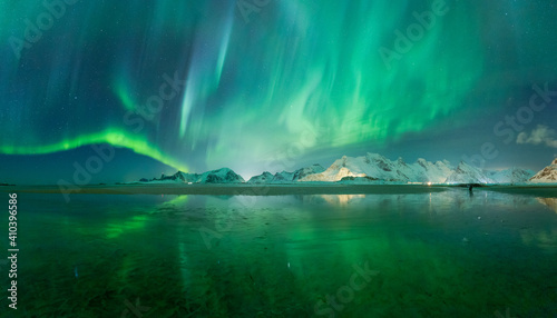 Aurora Borealis lights over Lofoten Islands in Norway