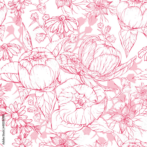 Seamless monochrome pattern with hand drawn peony and chamomile flowers