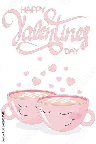 Valentine s day card. Lovely mugs  hearts in powder-pink color. Typographic font. Fun open for Valentine s Day