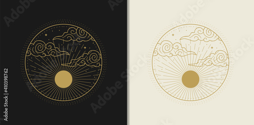 The sun or moon with its rays, decorated by clouds and stars. Abstract engraving illustration with esoteric, boho, spiritual, geometric, astrology, magic themes, for tarot reader, card or posters